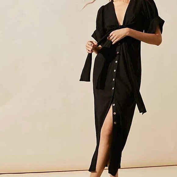 Free People Free-est Vintage Summer Midi Dress Buttondown Black Ruched - Picture 3 of 9